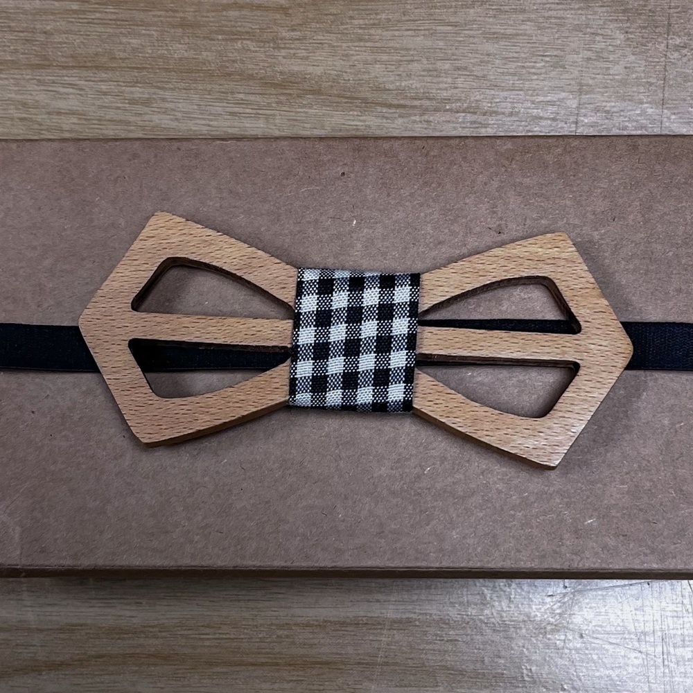 Wooden Bow Tie with Checkered Center
